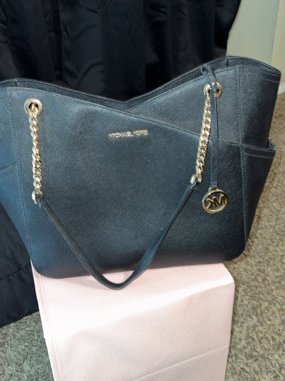 Michael Kors Black Saffiano Tote with Gold Chain Accent